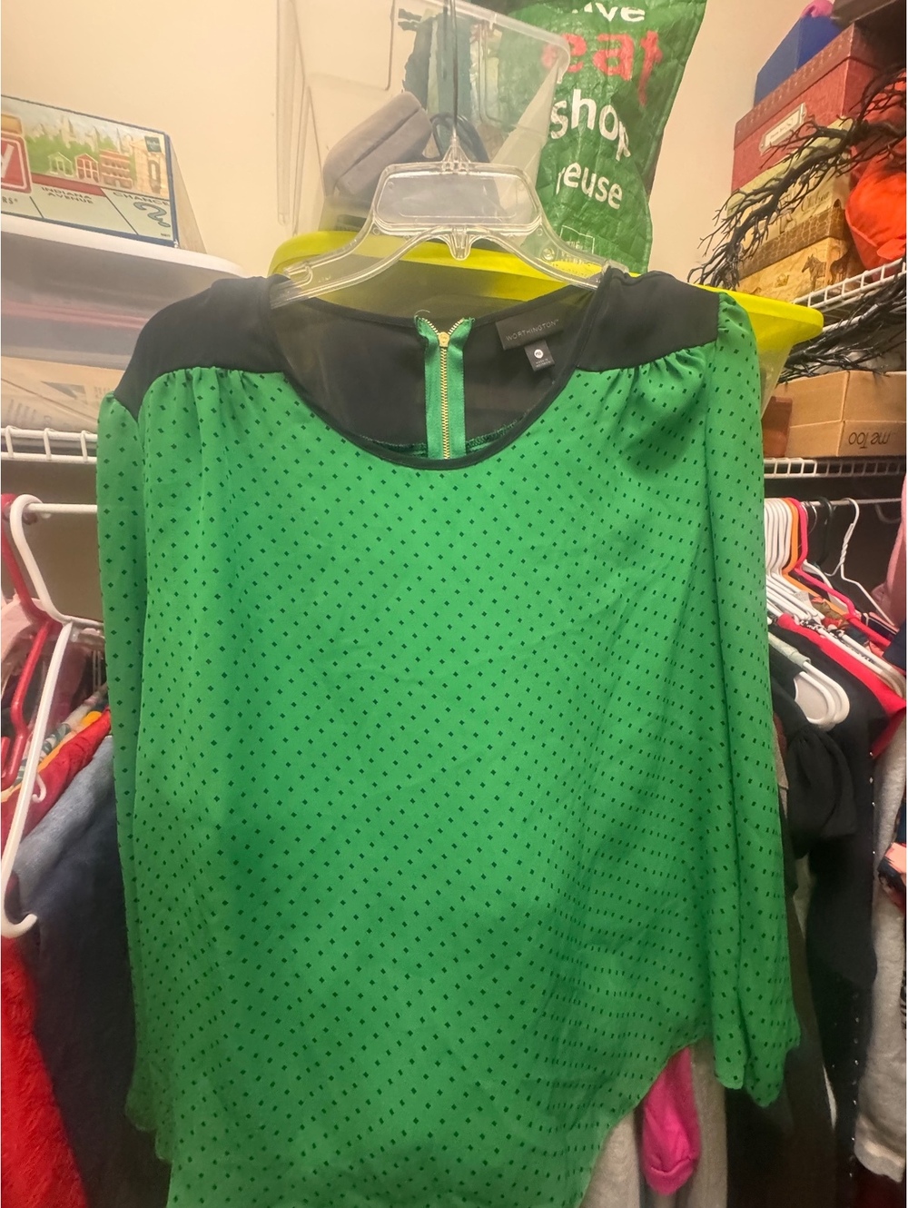 Worthington PXL Green Black Sheer Swiss Dot Blouse Zip Front